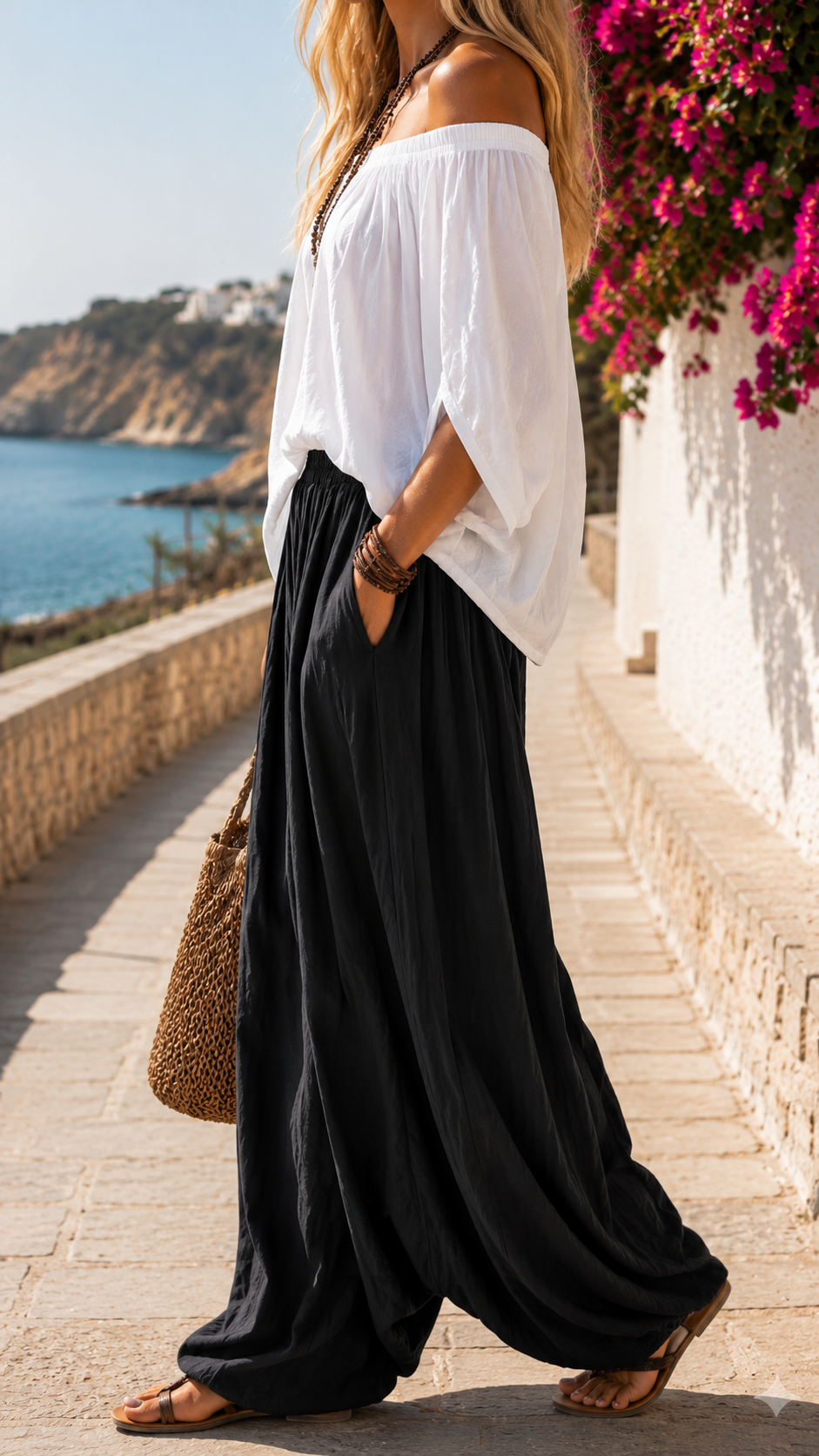 Off Shoulder Batwing Top and Wide Leg Harem Pants Two Piece Set 3