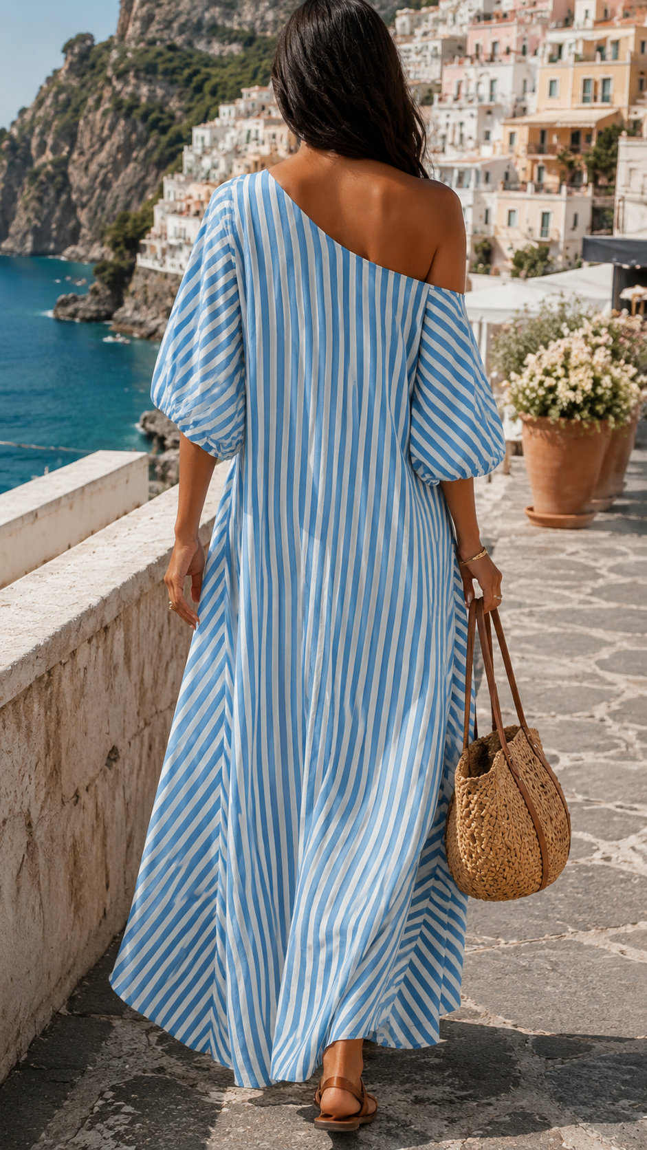 Striped One Shoulder Puff Sleeve Pocket Maxi Dress 2
