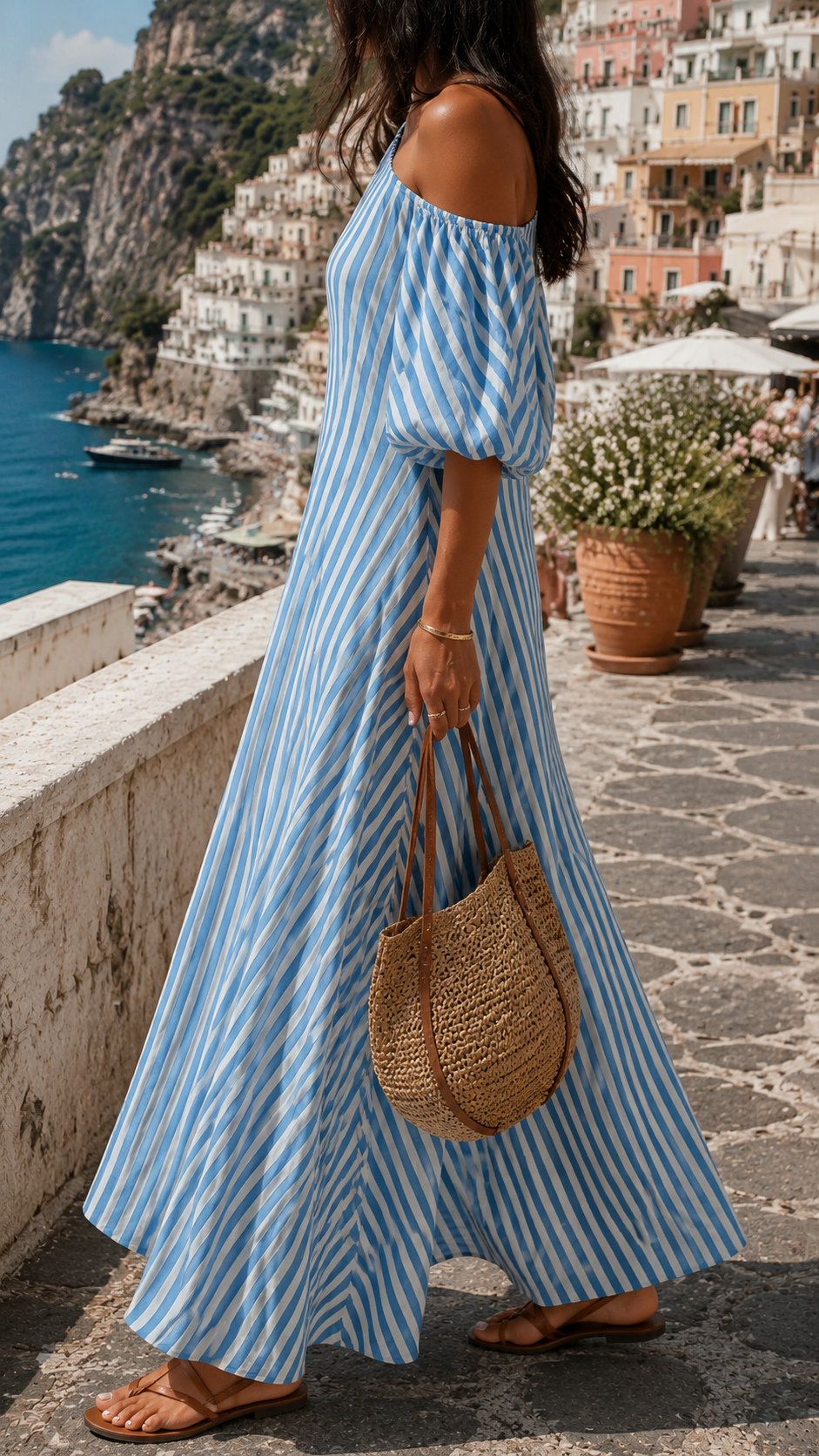 Striped One Shoulder Puff Sleeve Maxi Dress 3