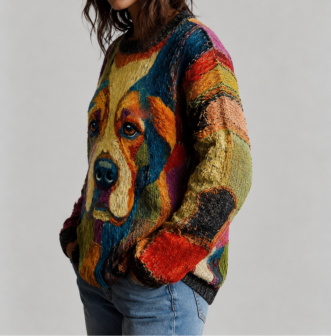 Dog Print Crew Neck Long Sleeve Sweater 2