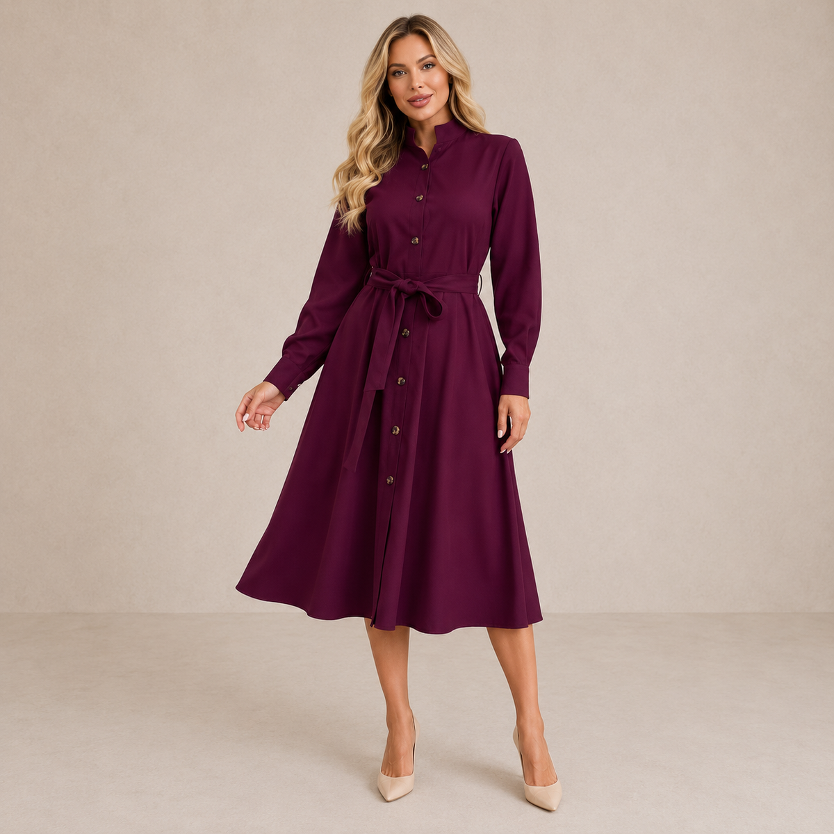 Long Sleeve Belted Button Front A-Line Midi Shirt Dress 2