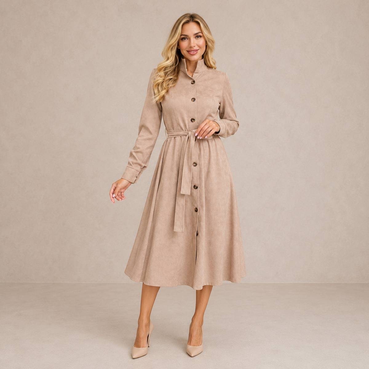 Long Sleeve Belted Button Front A-Line Midi Shirt Dress 3