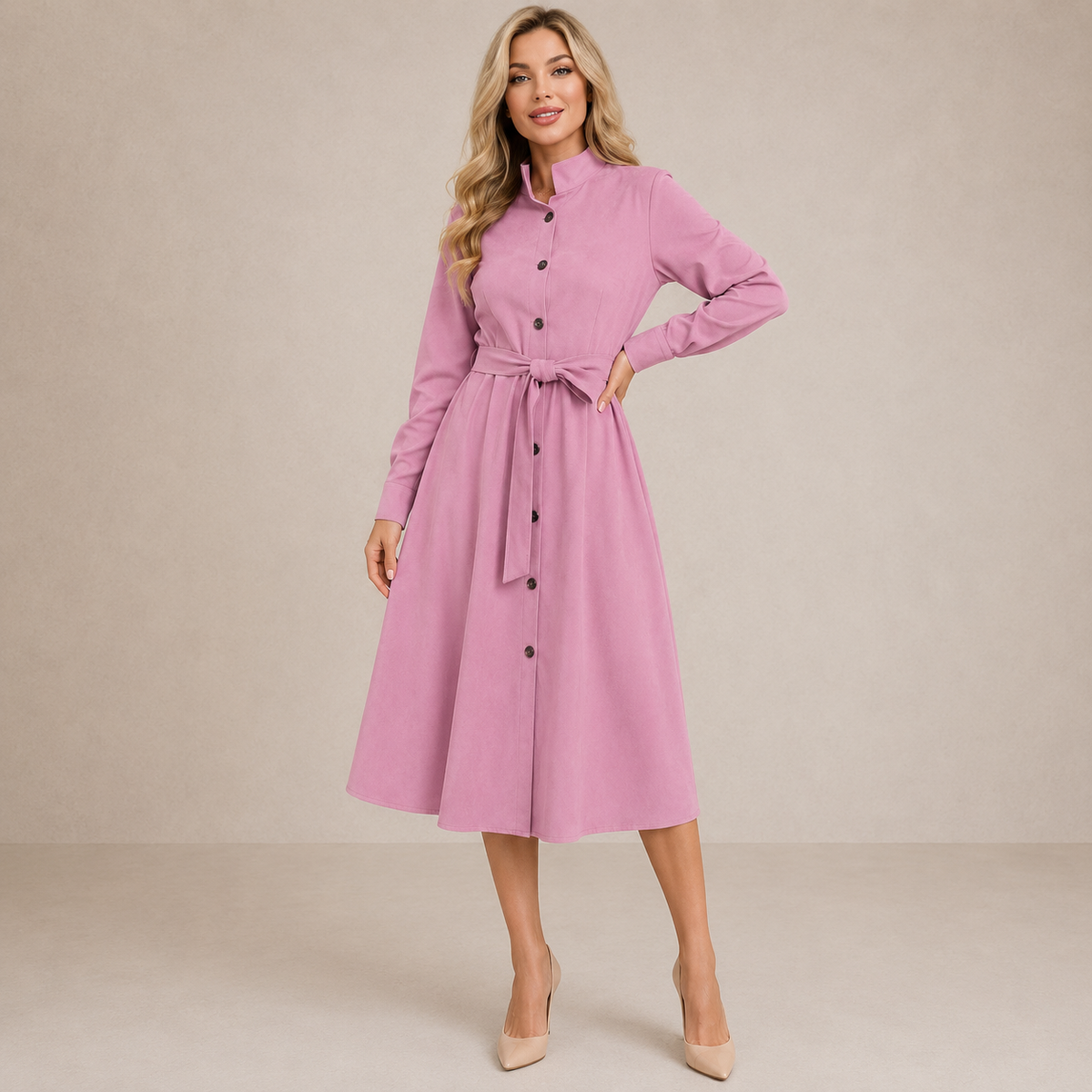 Long Sleeve Belted Button Front A-Line Midi Shirt Dress 4
