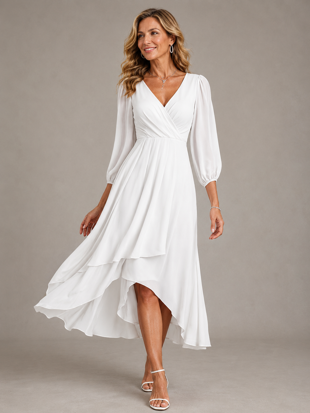 Wrap V-Neck Long Sleeve High Low Chiffon Midi Dress 2