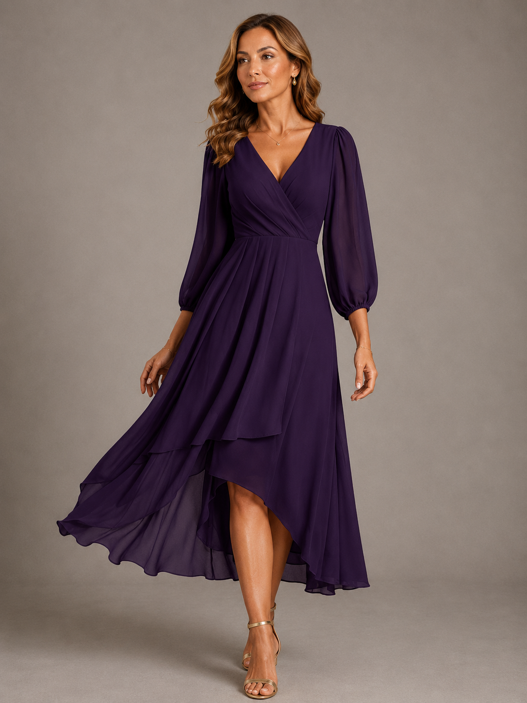 Wrap V-Neck Long Sleeve High Low Chiffon Midi Dress 7