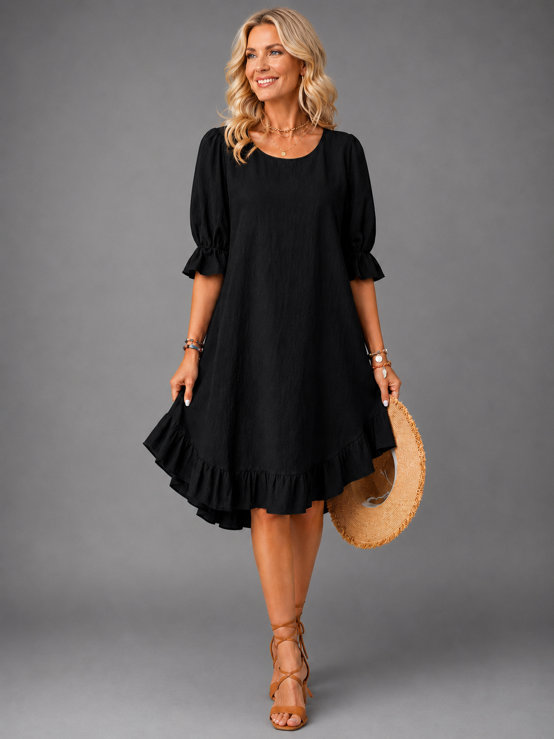 Round Neck Ruffle Sleeve Ruffle Hem A-Line Midi Dress 2