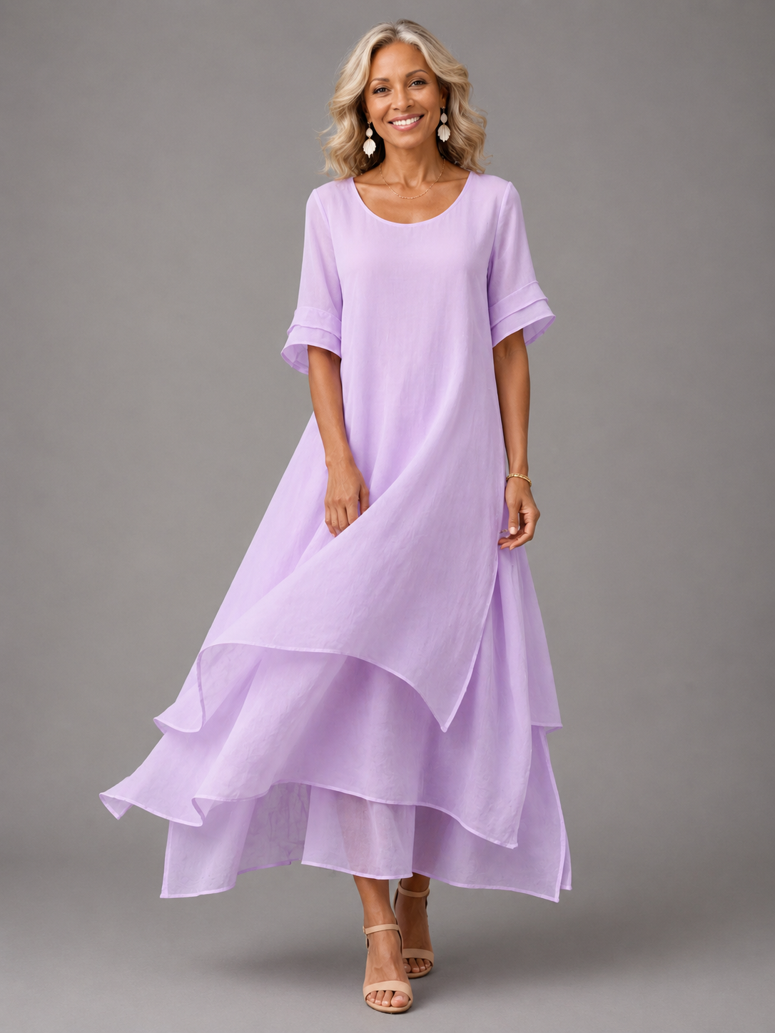 Round Neck Flounce Sleeve Layered Tiered Chiffon Maxi Dress 2