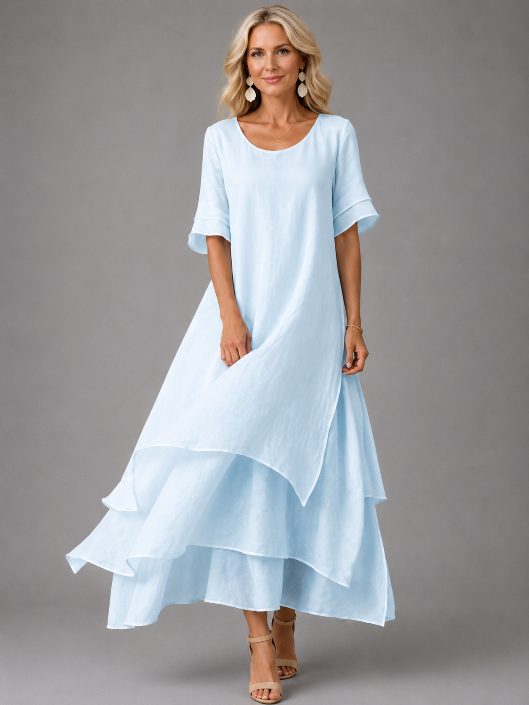 Round Neck Flounce Sleeve Layered Tiered Chiffon Maxi Dress 3