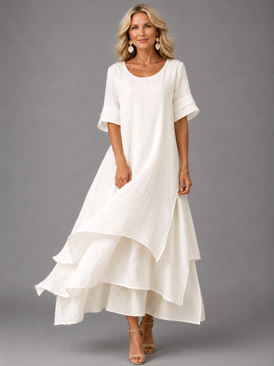 Round Neck Flounce Sleeve Layered Tiered Chiffon Maxi Dress 5
