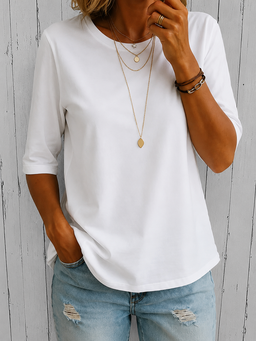 Crew Neck Half Sleeve Curved Hem Top 2