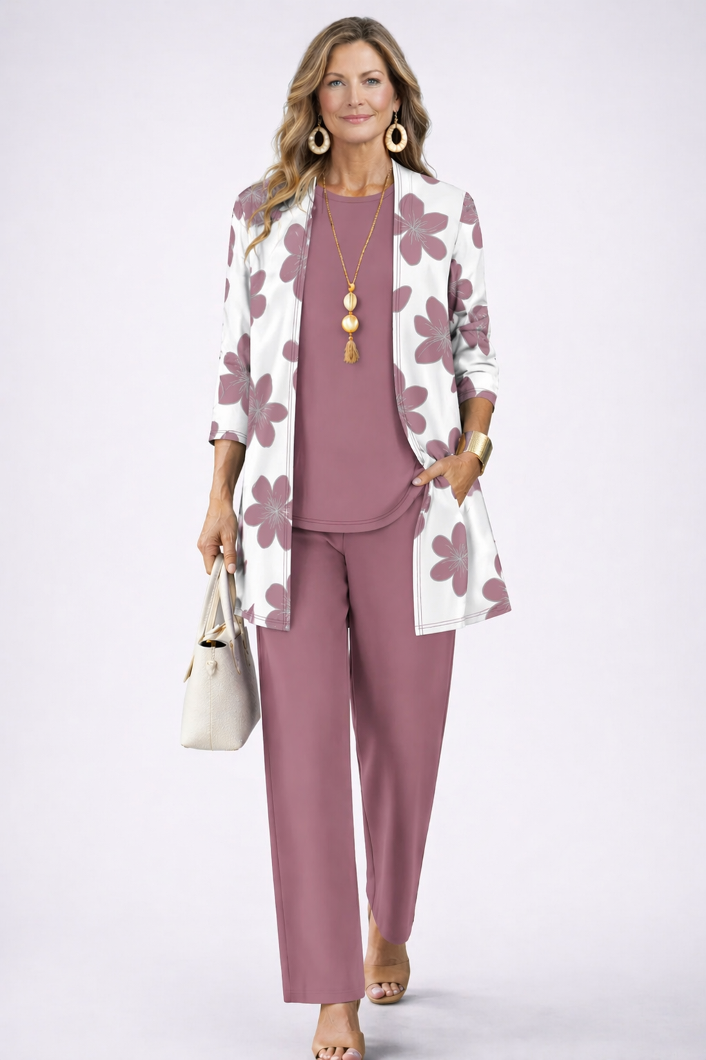 Daisy Floral Print Longline Cardigan Tank and Pants Three Piece Set