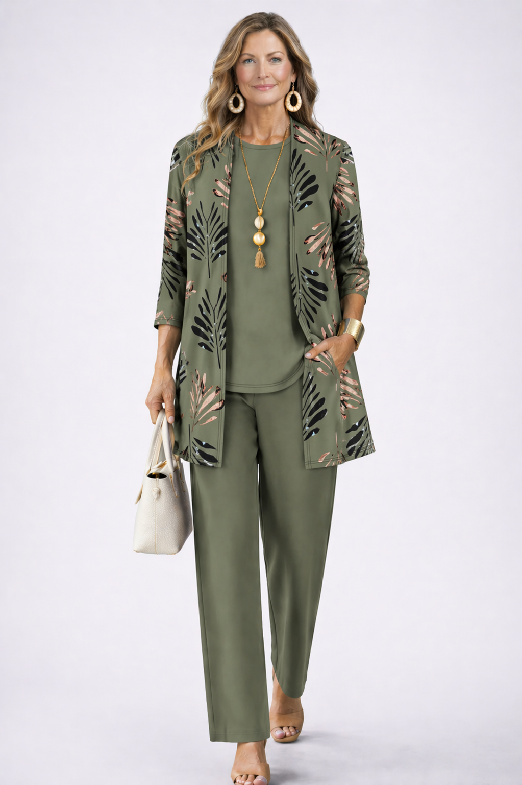 Palm Leaf Print Longline Cardigan Tank and Pants Three Piece Set