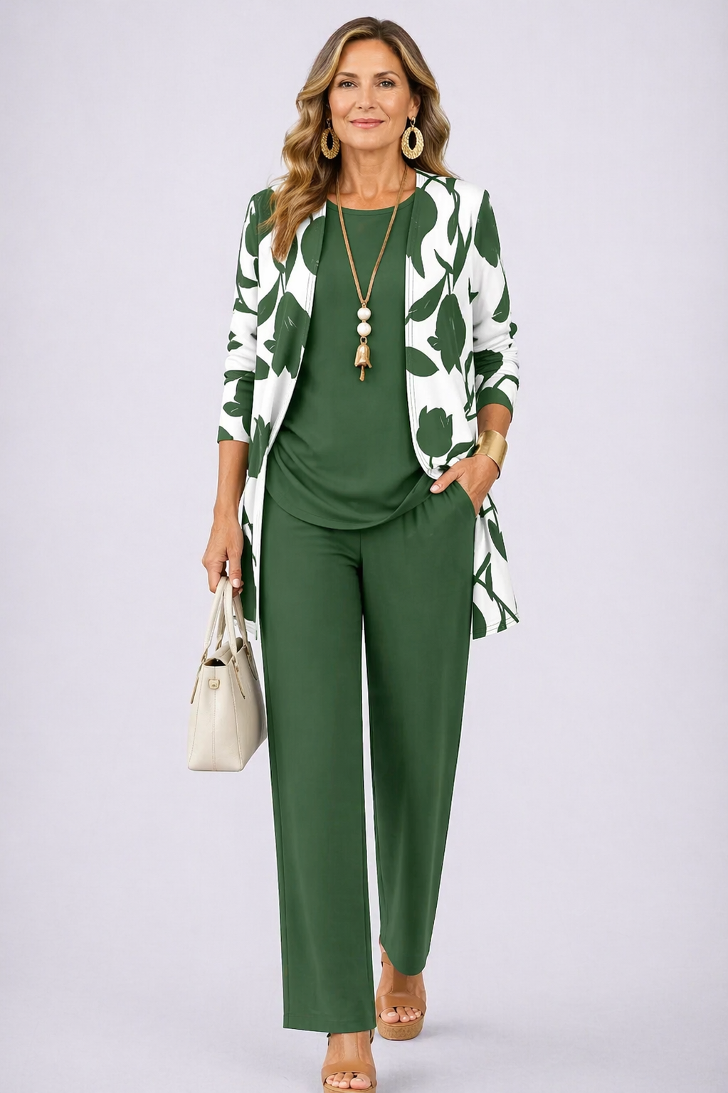 Floral Print Longline Jacket Tank and Wide Leg Pants Three Piece Set