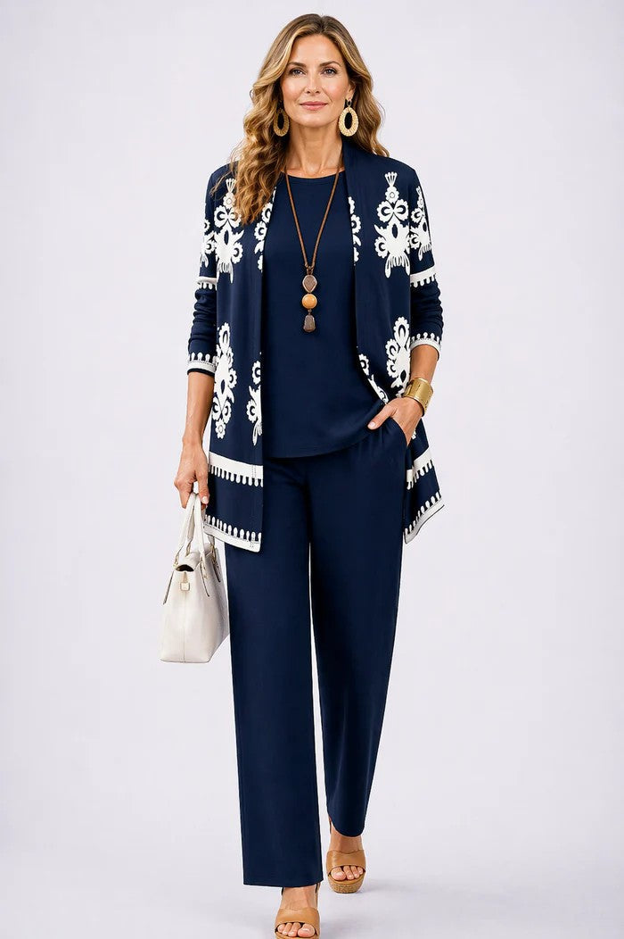 Palm Leaf Print Longline Cardigan Tank and Pants Three Piece Set 7