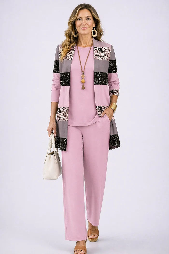 Palm Leaf Print Longline Cardigan Tank and Pants Three Piece Set 5