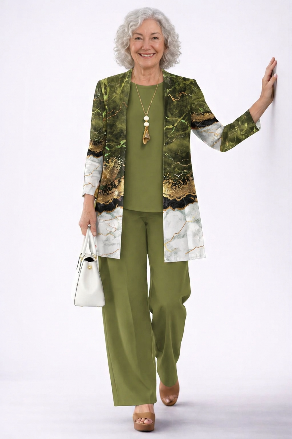 Marble Print Longline Cardigan Tank and Pants Three Piece Set