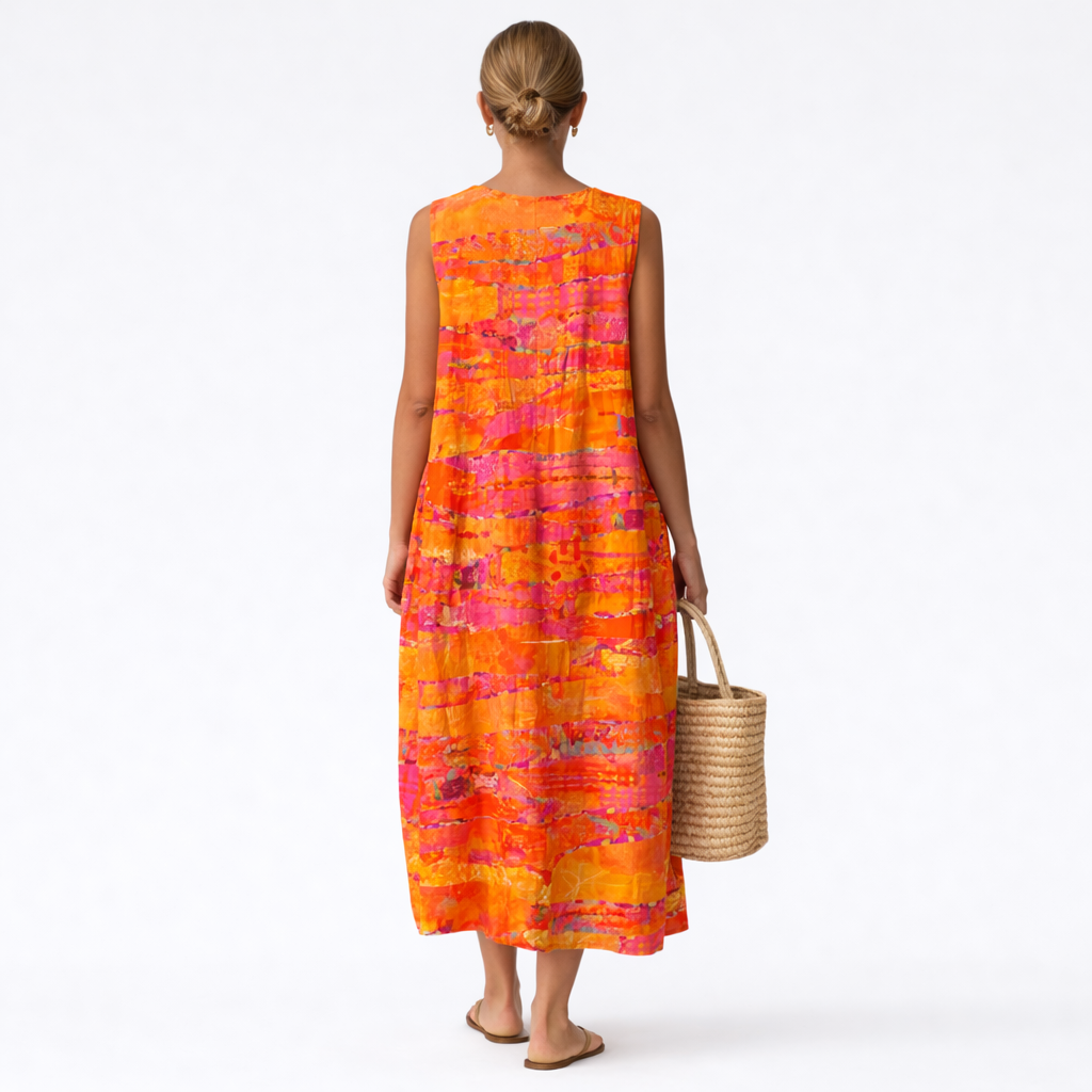 Tie Dye Print Round Neck Sleeveless Pocket Midi Dress 3