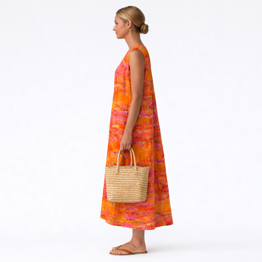 Tie Dye Print Round Neck Sleeveless Pocket Midi Dress 4