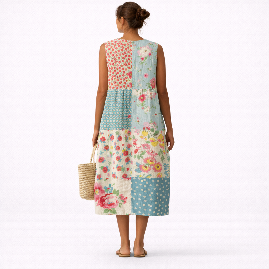 Patchwork Floral Round Neck Sleeveless Midi Dress 3