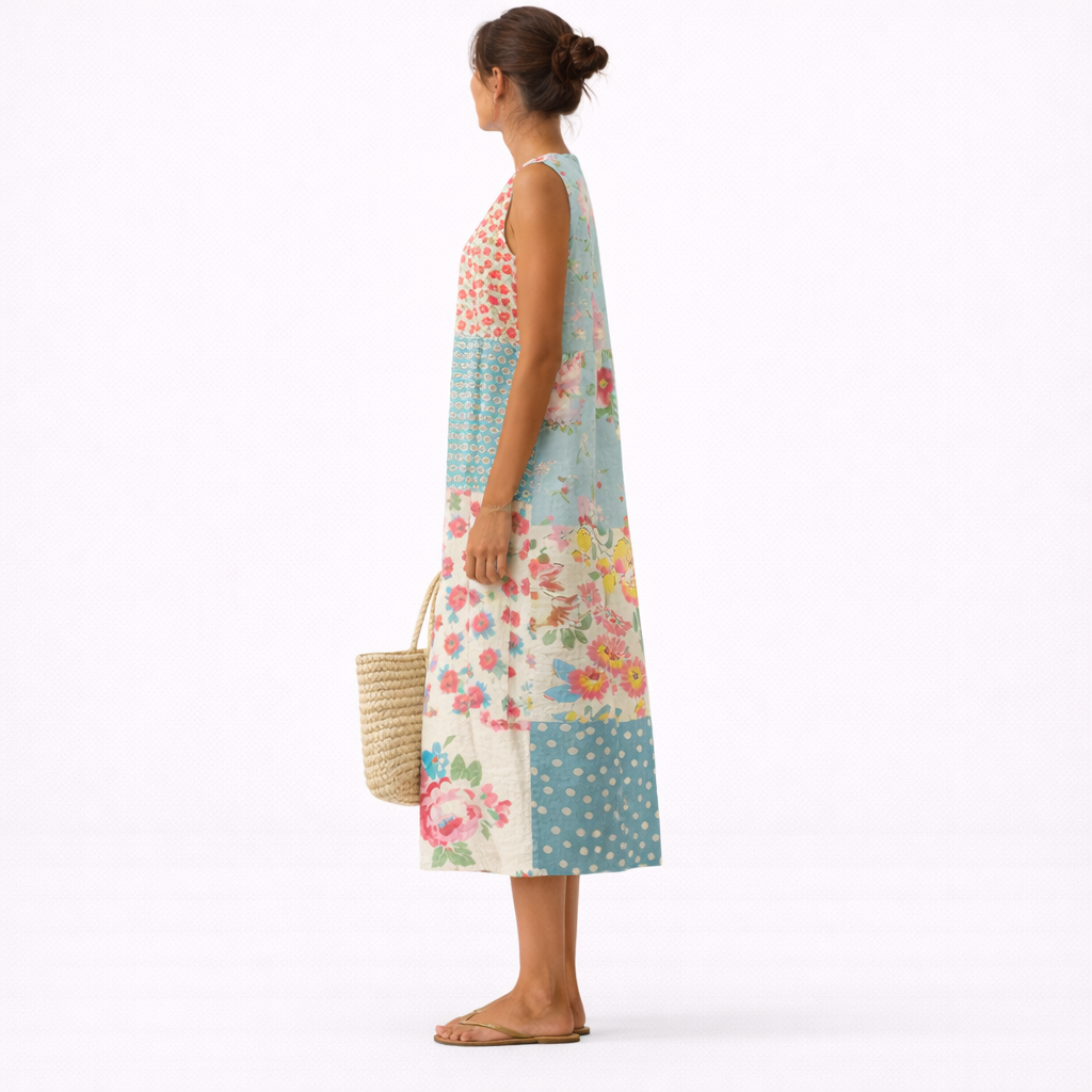 Patchwork Floral Round Neck Sleeveless Midi Dress 4