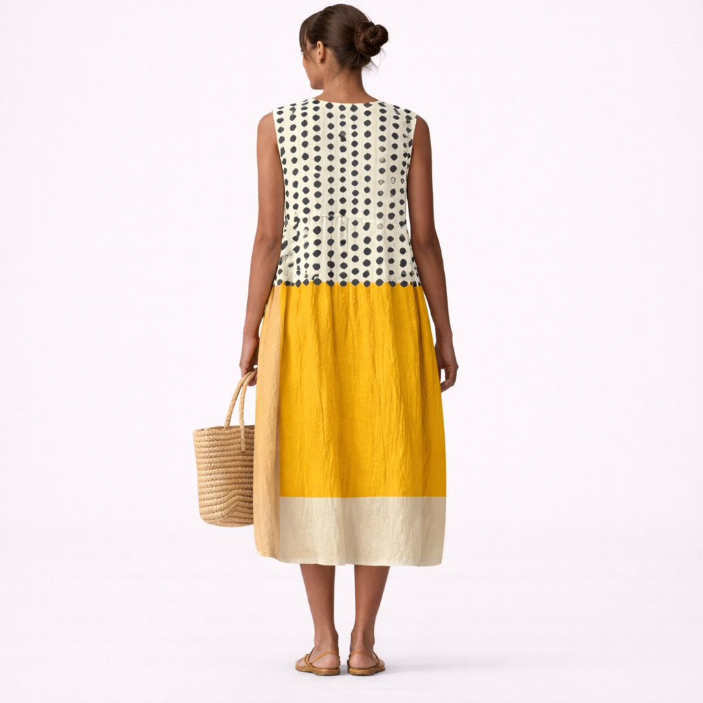 Polka Dot Colorblock Crew Neck Sleeveless Midi Dress 3