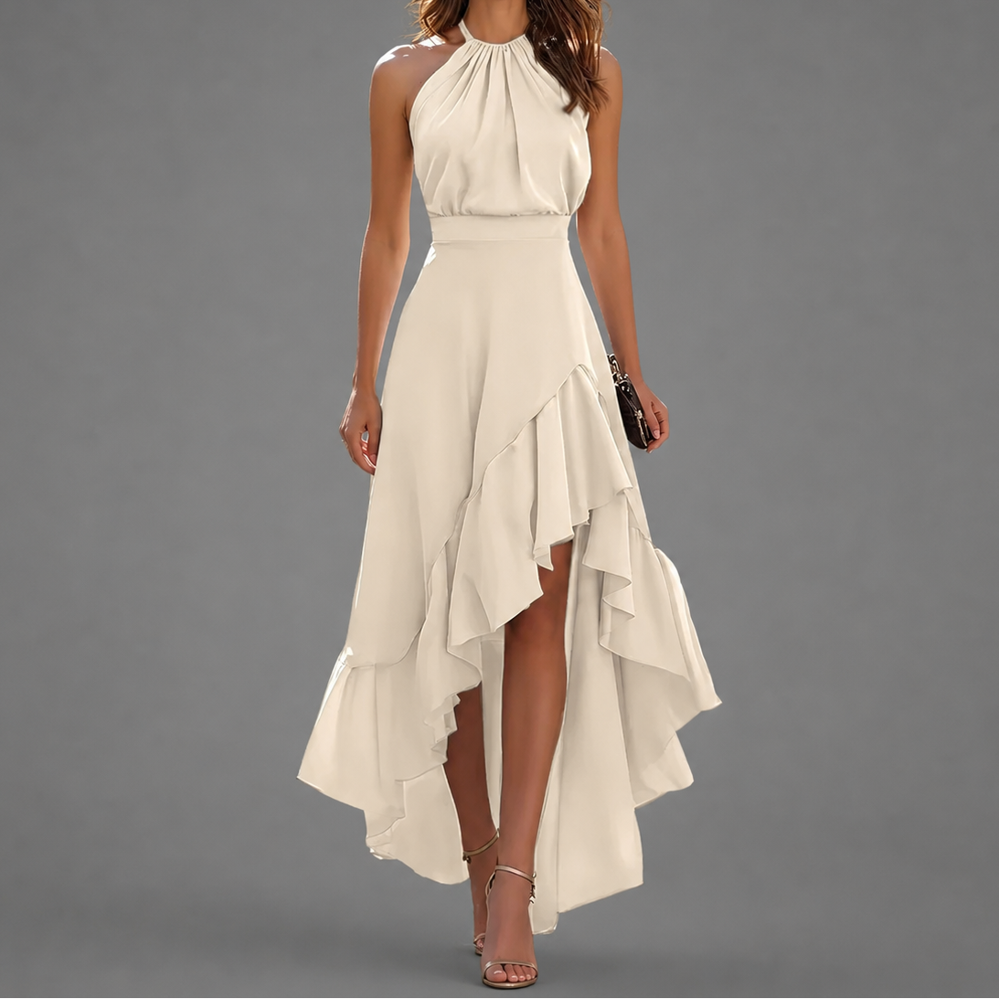 Halter Neck High Low Ruffle Maxi Dress