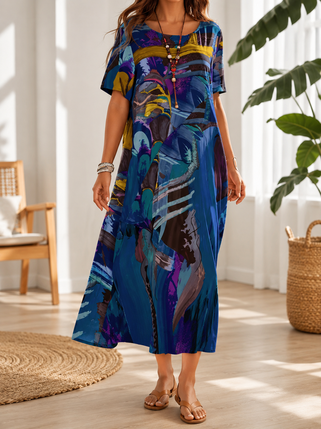 Abstract Print Round Neck Short Sleeve Flowy Maxi Dress 5