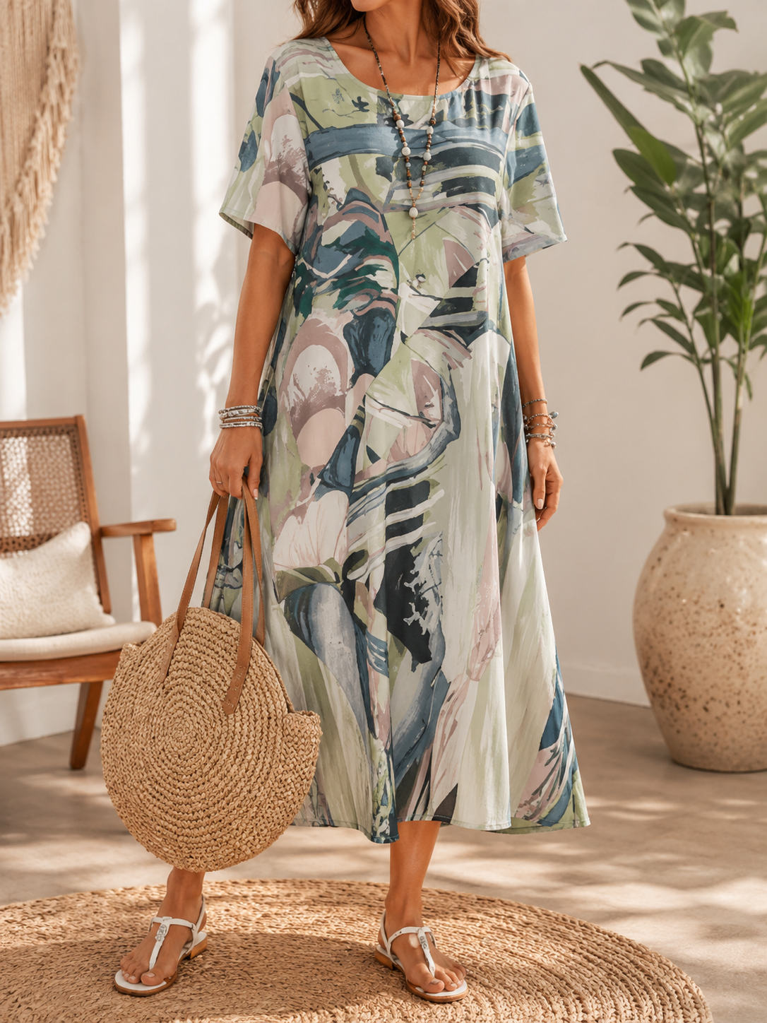 Abstract Print Round Neck Short Sleeve Maxi Dress 3