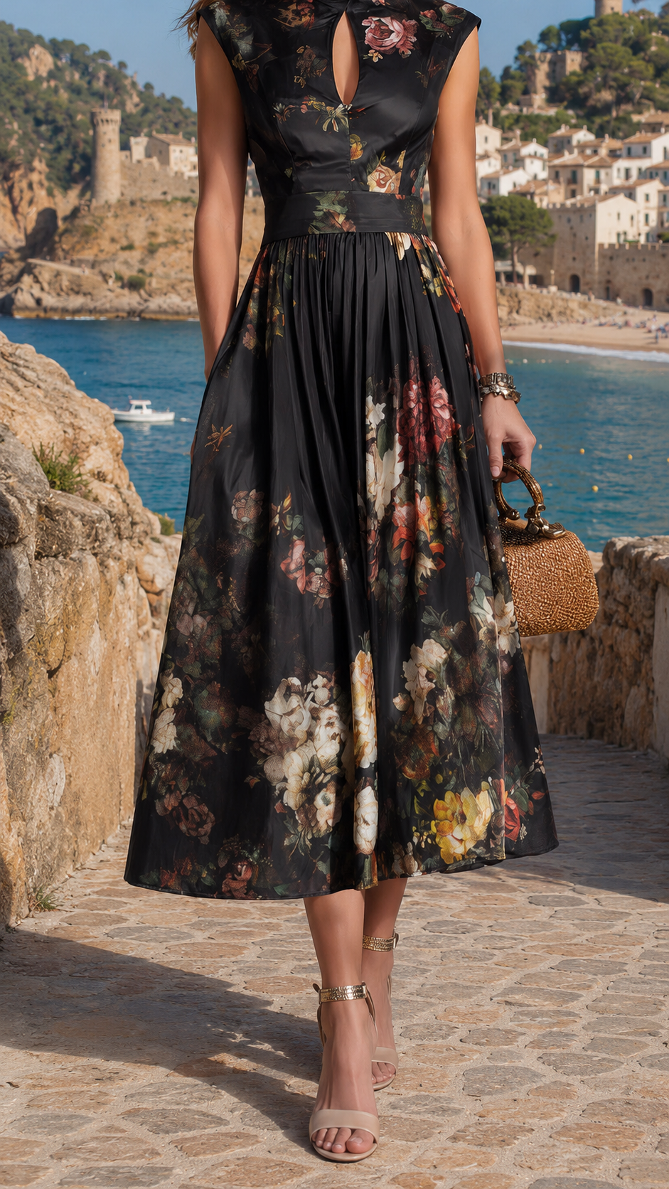 Floral Keyhole Cap Sleeve Pleated A-Line Midi Dress