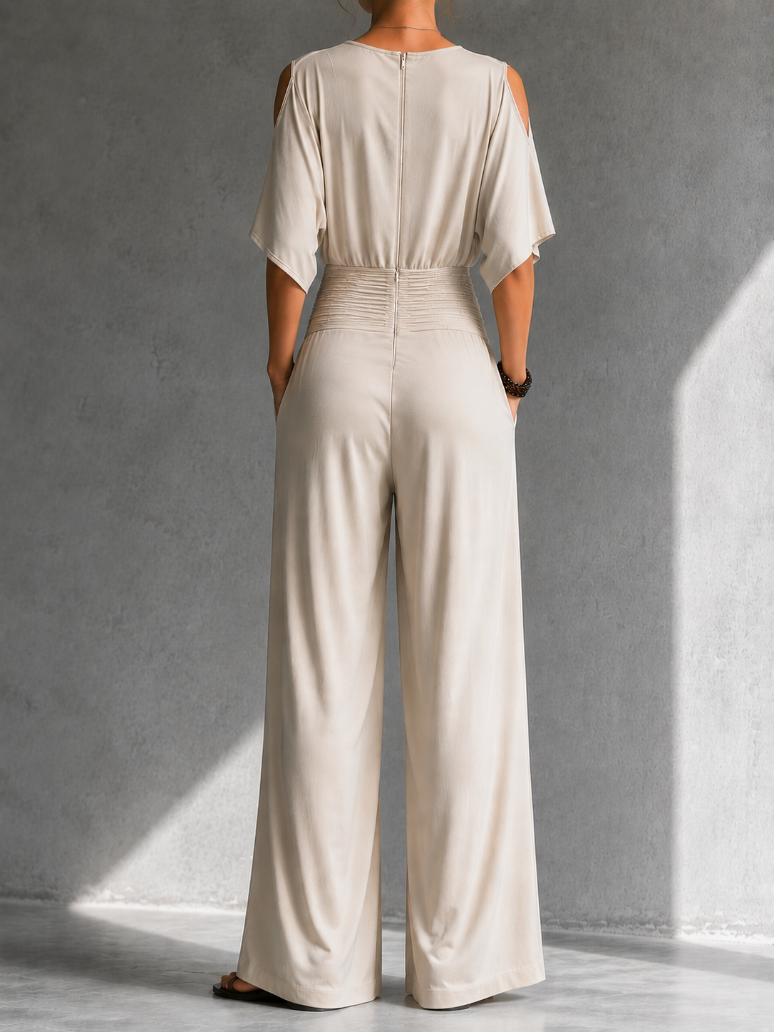 V-Neck Cold Shoulder Ruched Waist Wide Leg Jumpsuit 5