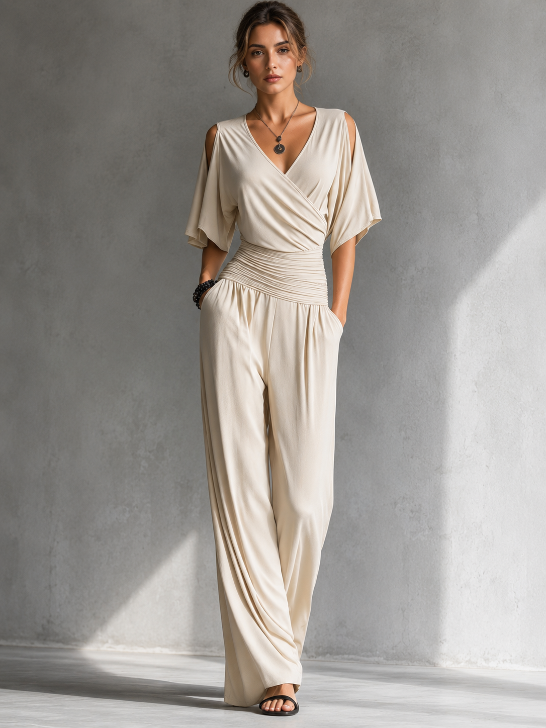 V-Neck Cold Shoulder Ruched Waist Wide Leg Jumpsuit 2
