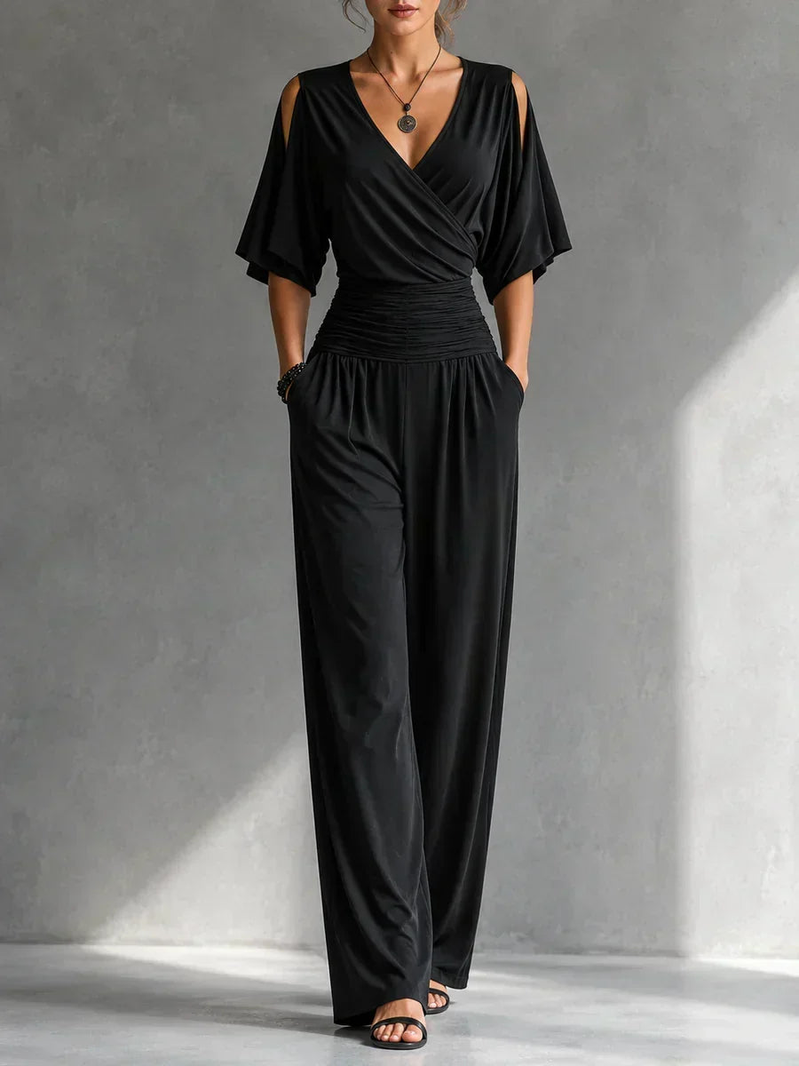 V-Neck Cold Shoulder Ruched Waist Wide Leg Jumpsuit 9
