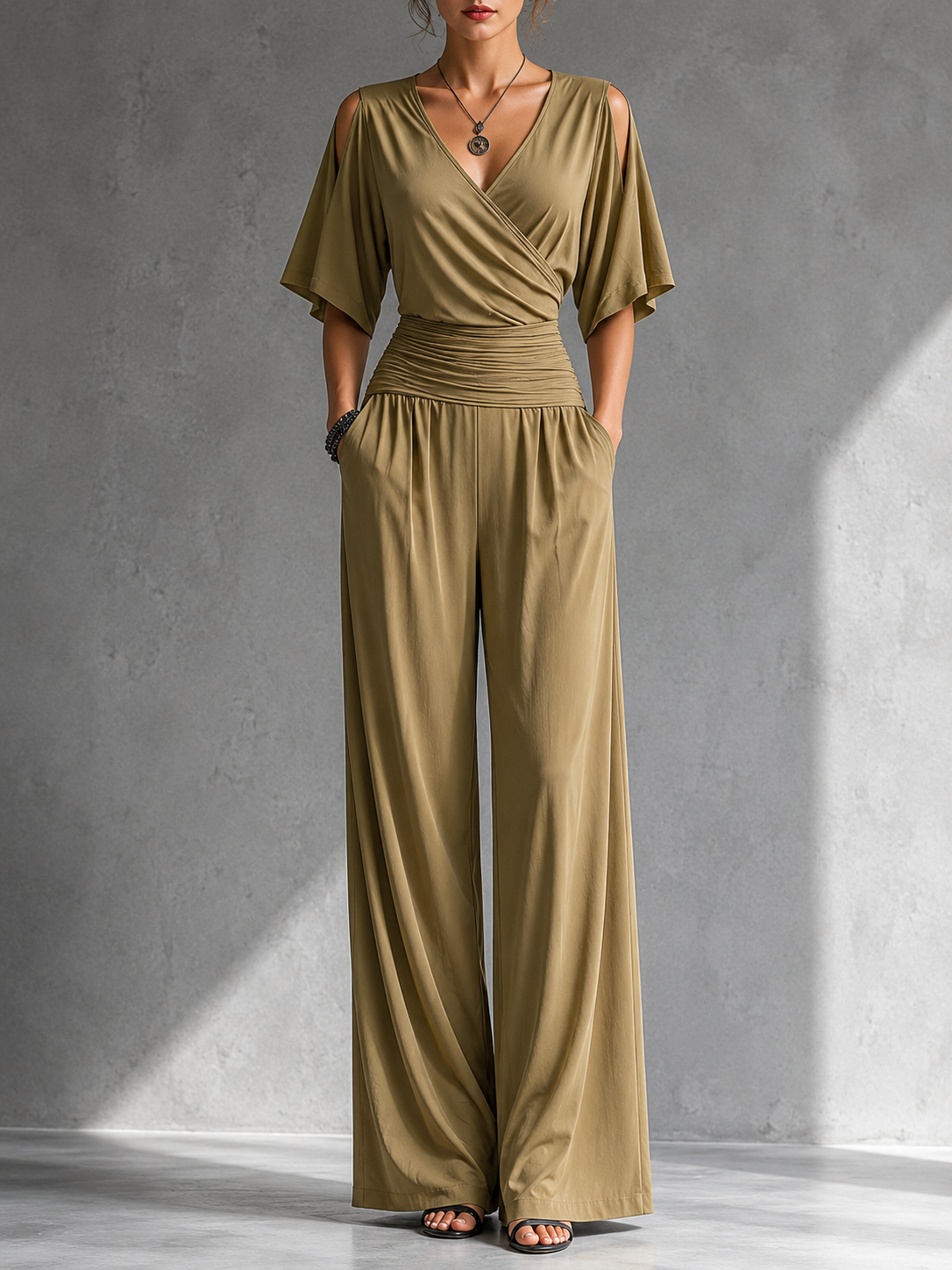 V-Neck Cold Shoulder Ruched Waist Wide Leg Jumpsuit 8