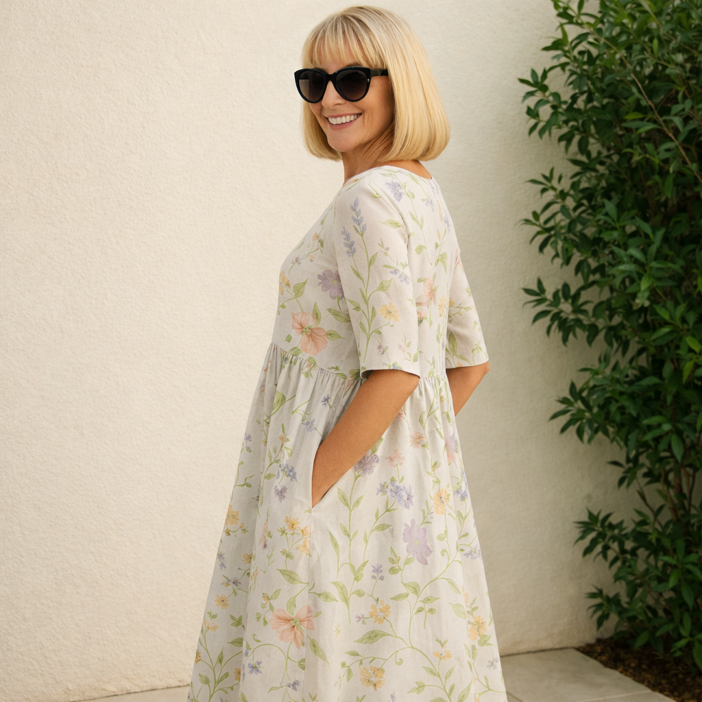 Floral Embroidered Round Neck Half Sleeve A-Line Midi Dress 6