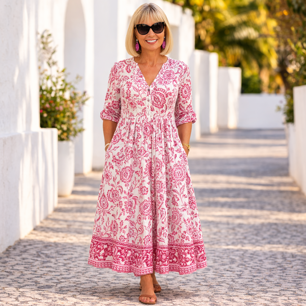 Floral Print V-Neck Short Sleeve Tiered Maxi Dress 4