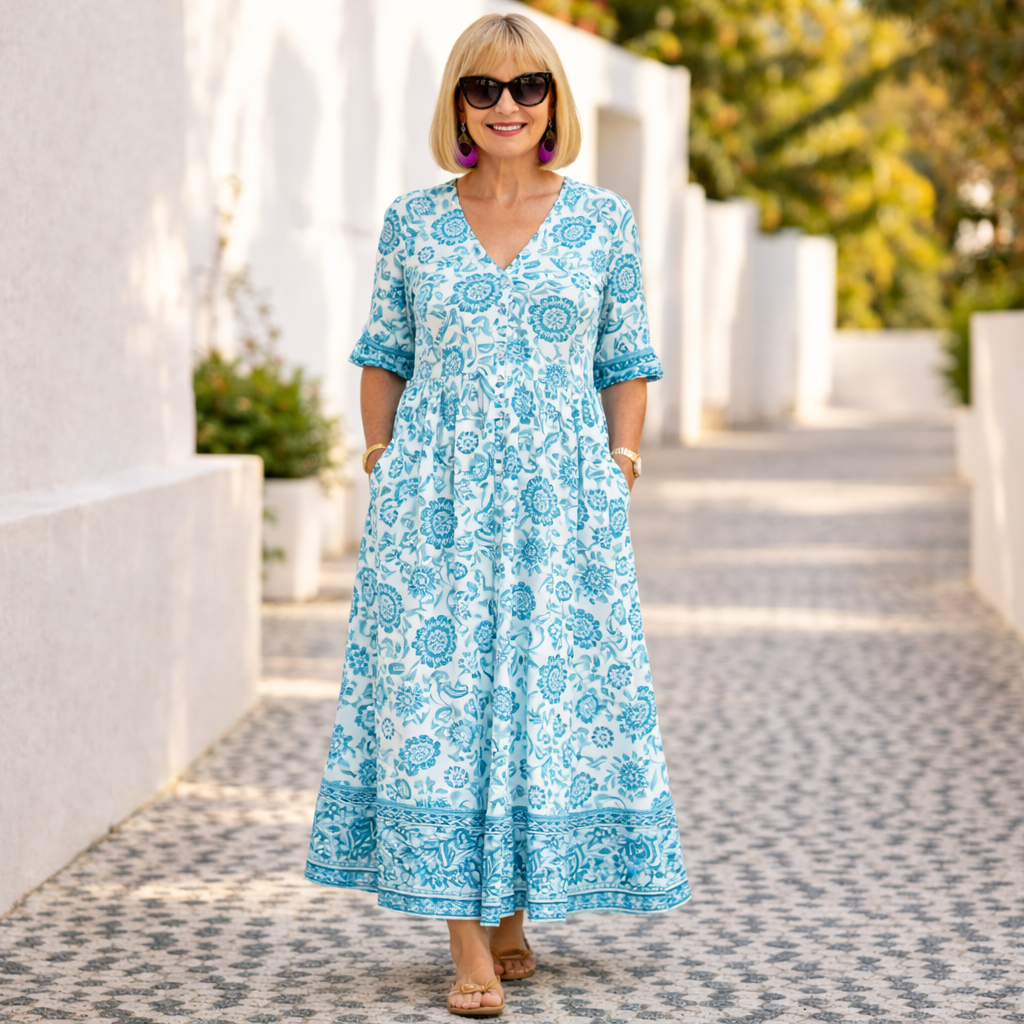 Floral Print V-Neck Short Sleeve Tiered Maxi Dress 7