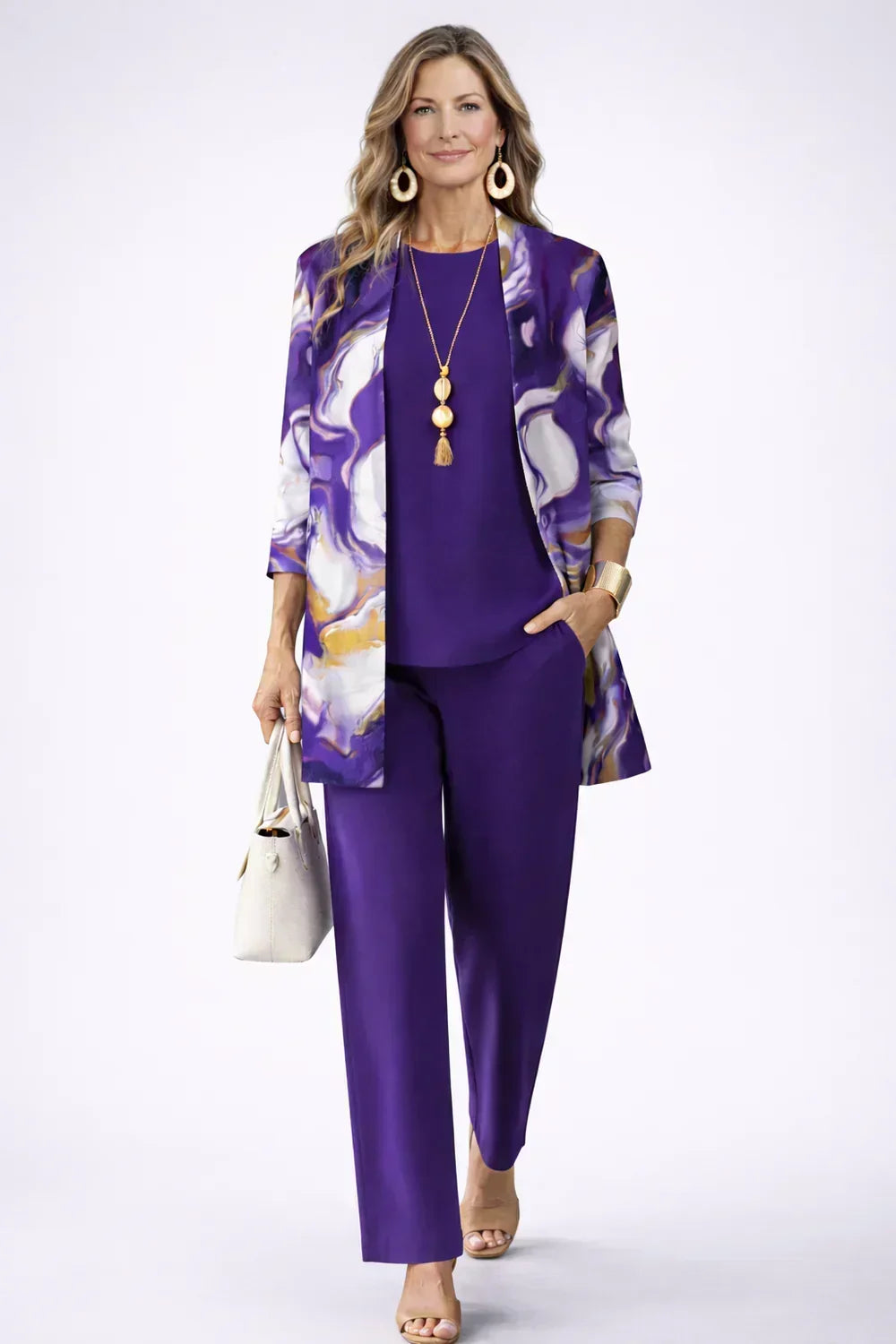 Swirl Print Open Front Jacket Tank and Straight Pants Three Piece Set