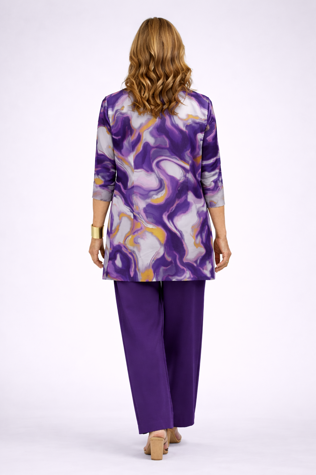 Marble Swirl Print Longline Cardigan Tank and Pants Three Piece Set 2