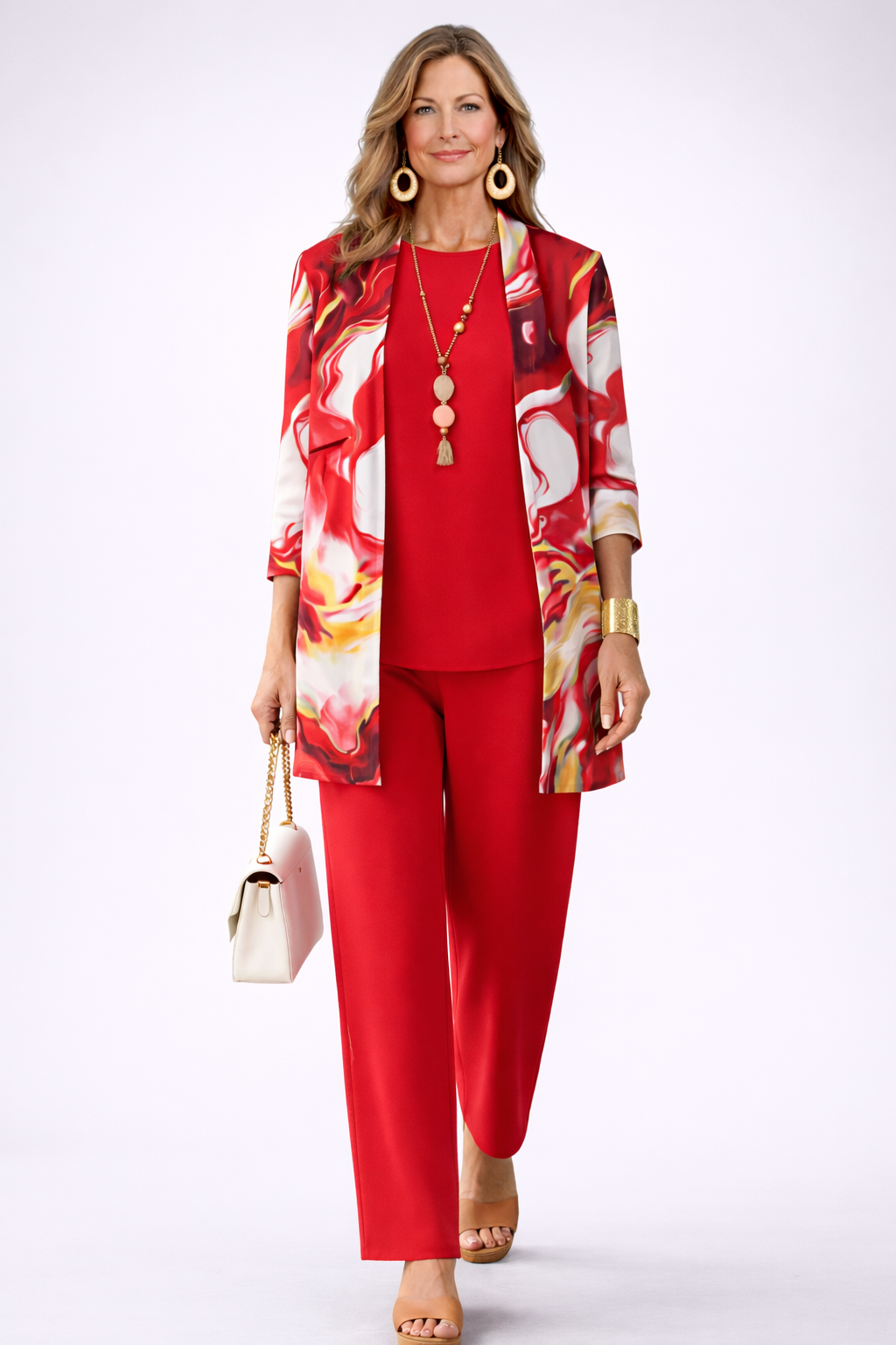 Swirl Print Longline Cardigan Tank and Pants Three Piece Set