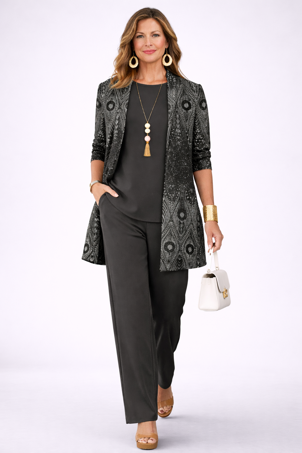 Damask Print Longline Cardigan Tank and Pants Three Piece Set 2