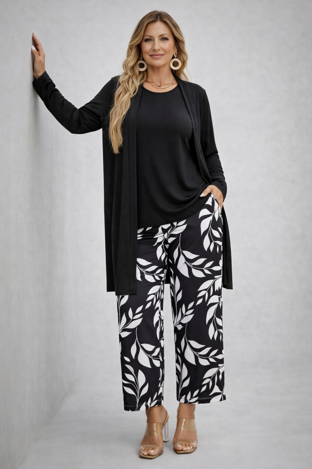 Longline Cardigan Tank and Leaf Print Wide Leg Pants Three Piece Set