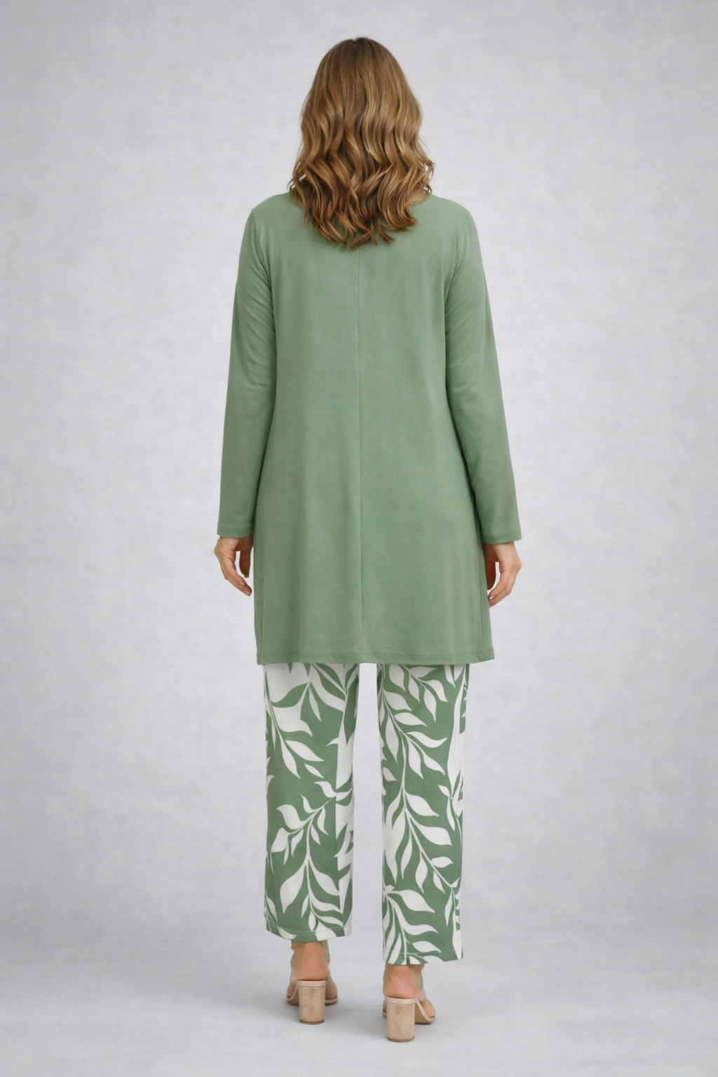 Longline Cardigan Tank and Leaf Print Pants Three Piece Set 2