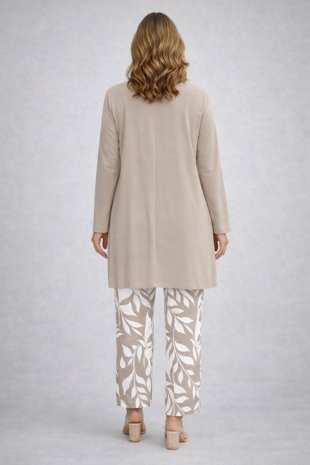 Longline Cardigan Top and Leaf Print Pants Three Piece Set 2