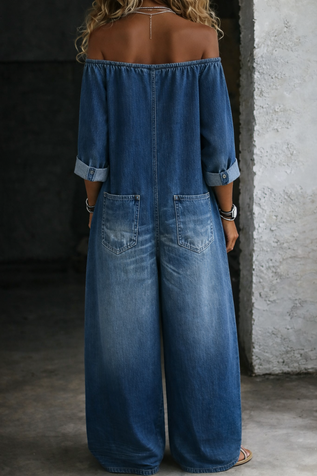 Off Shoulder Button Front Wide Leg Denim Jumpsuit 3