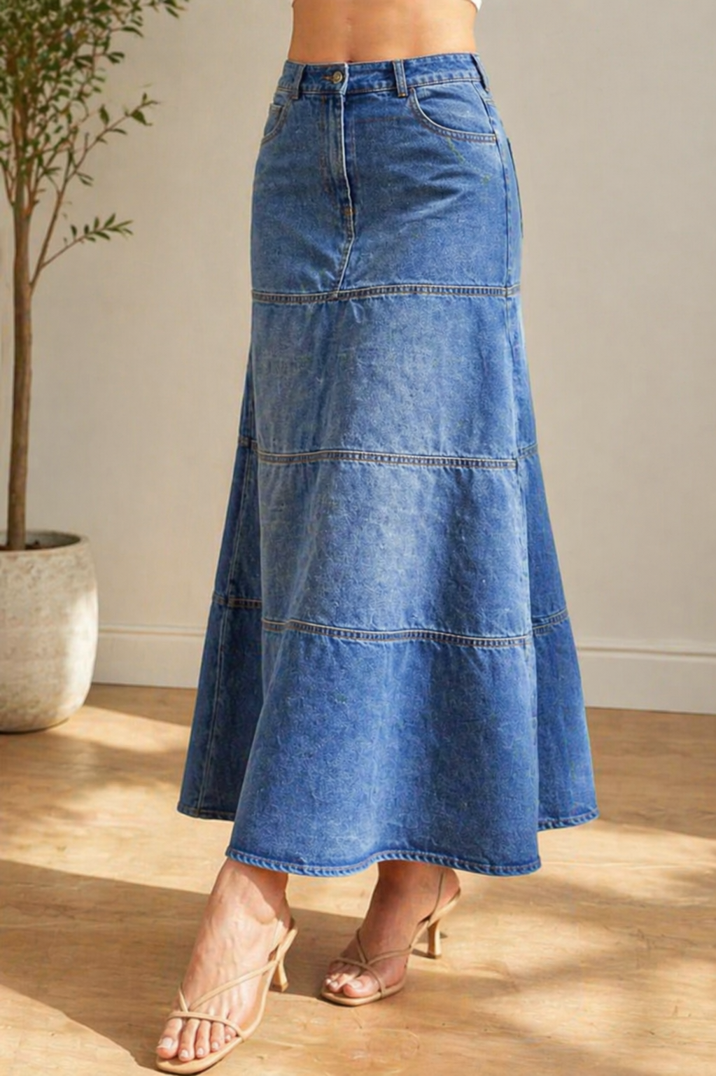 High Waist Tiered A-Line Denim Maxi Skirt 5