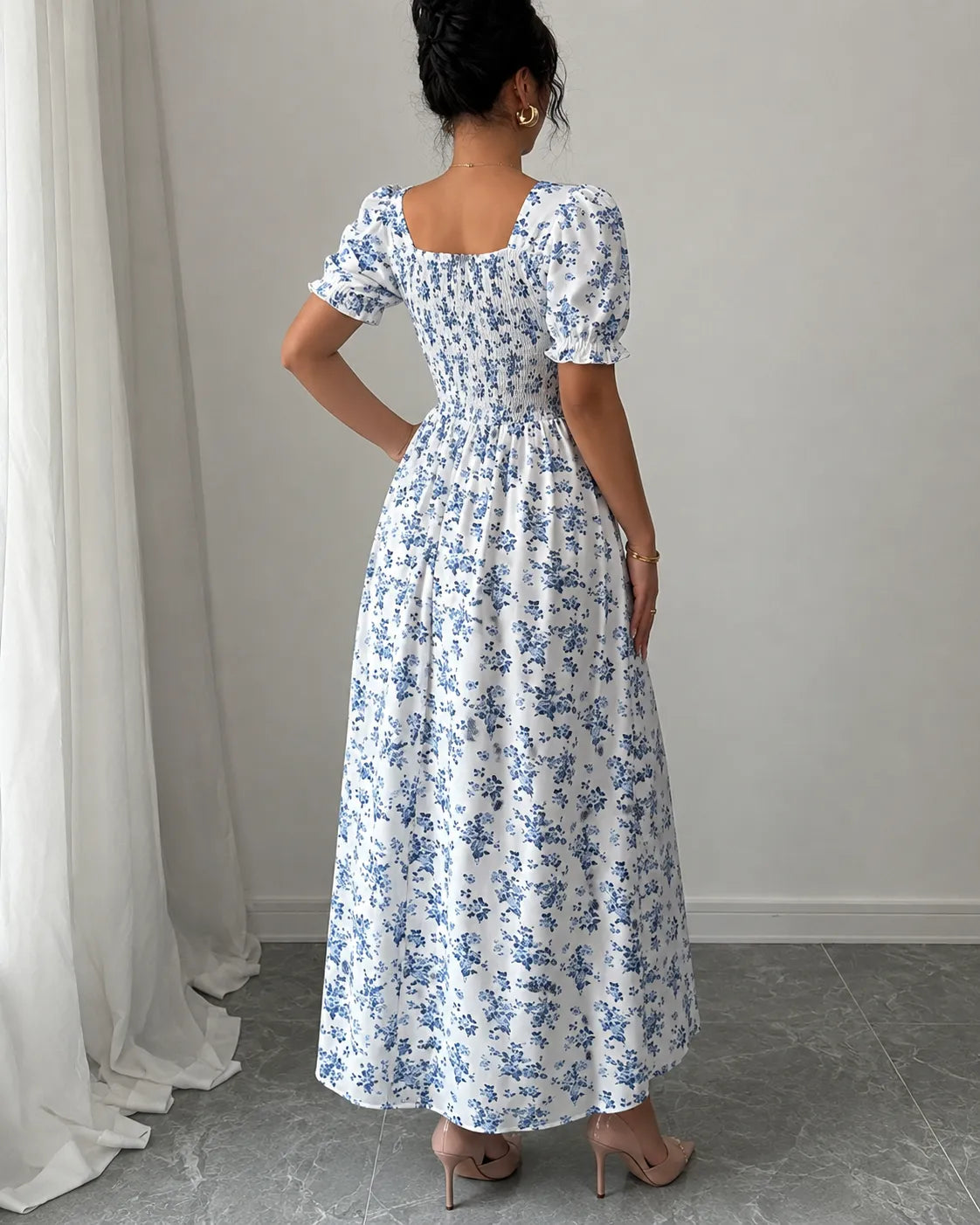 Floral Square Neck Puff Sleeve Fit and Flare Maxi Dress 6
