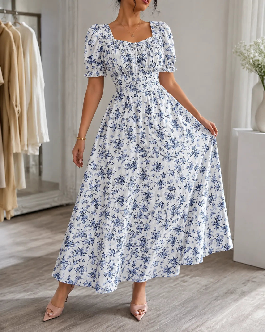 Floral Square Neck Puff Sleeve Fit and Flare Maxi Dress 7