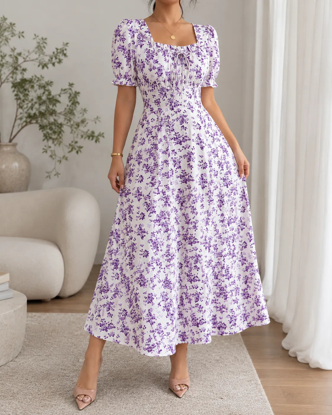 Floral Square Neck Puff Sleeve Fit and Flare Maxi Dress 2