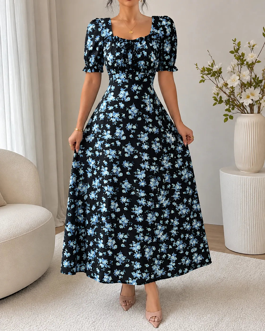 Floral Square Neck Puff Sleeve Fit and Flare Maxi Dress 4