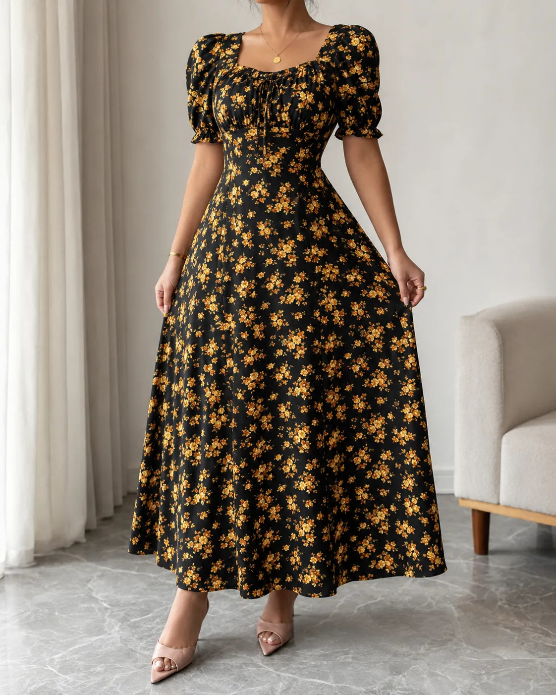 Floral Square Neck Puff Sleeve Fit and Flare Maxi Dress 3